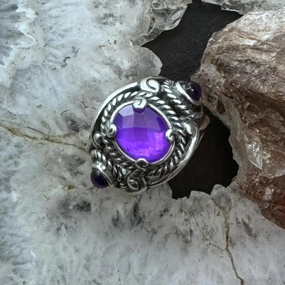 Carolyn Pollack Sterling 3 Amethyst Decorated Doublet Ring Size 5 For Women